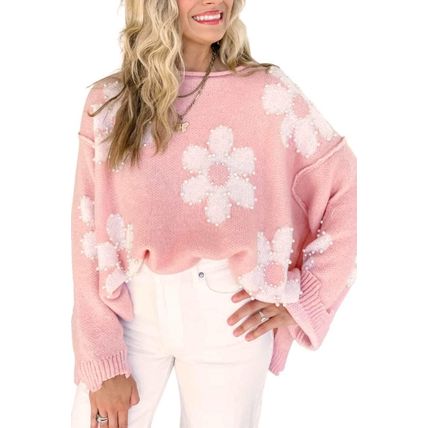 Multicolour Pearl Beaded Floral Drop Shoulder Sweater