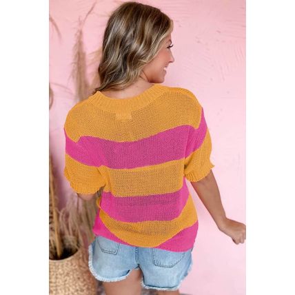 Orange Stripe Color Block Knitted T-shirt Sweater