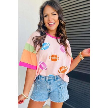 Pink Rugby Chenille Embroidered Color Block Half Sleeve T Shirt