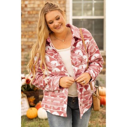 Pink Plus Size Aztec Print Chest Pocket Shacket