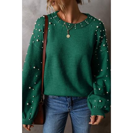 Evergreen Pearled Drop Shoulder Round Neck Sweater