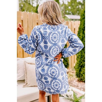 Blue Boho Floral Embroidered Notch V Neck Shift Mini Dress
