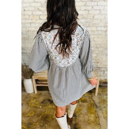 Black Stripe Floral Patchwork Tied V Neck Shift Long Sleeve Mini Dress