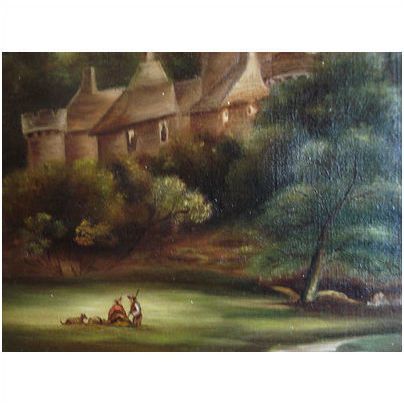 Antique Signed Canadian DROUIN Landscape Castle Large Oil Painting Frame Animals