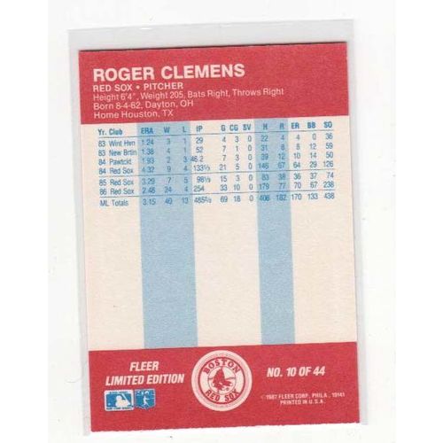 1987 Fleer All Stars Roger Clemens Limited Edition baseball card #10 – Oddball