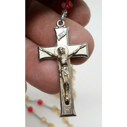 Rosary with Clear Acrylic White & Red Beads Crucifix Christ & Madonna Vtg (B80)