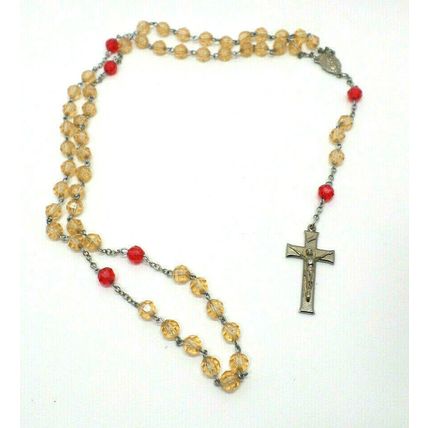 Rosary with Clear Acrylic White & Red Beads Crucifix Christ & Madonna Vtg (B80)
