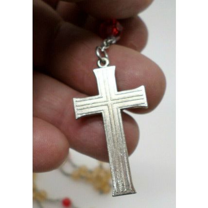 Rosary with Clear Acrylic White & Red Beads Crucifix Christ & Madonna Vtg (B80)