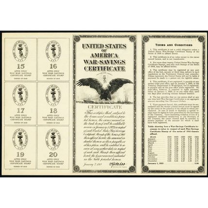 1918 Unused War Savings Certificate For WS2-3 Stamps * RARE! * Stuart Katz