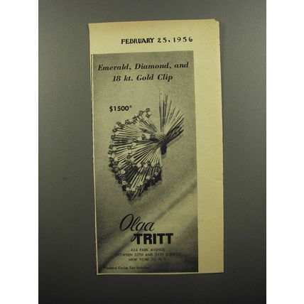 1956 Olga Tritt Jewelry Ad - Emerald, diamond, and 18kt. Gold Clip