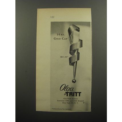 1956 Olga Tritt Jewelry Advertisement - 14 Kt. Gold Clip
