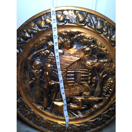 Vintage Coppercraft Guild Copper Wall Hanging Log Cabin Oak Acorn Rim 20 inch