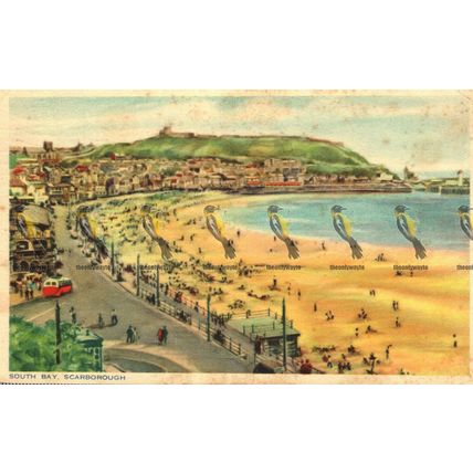 South Bay, Scarborough, Yorks, H.O.T Watercolour Postcard, 1953