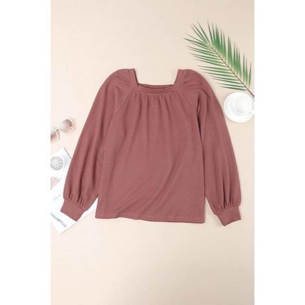 Square Neck Puff Sleeve Waffle Knit Top