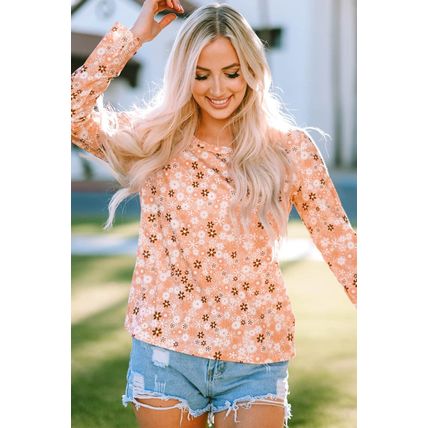 Orange Floral Knit Long Sleeve Top