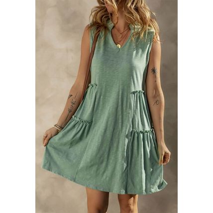 Moonlight Jade Split V Neck Tiered Flowy Sleeveless Dress