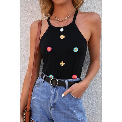 Black Sweet Floral Embroidery Casual Tank Top