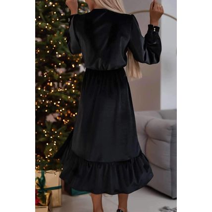 Black Velvet Buttoned Puff Sleeve V Neck Split Midi Dress
