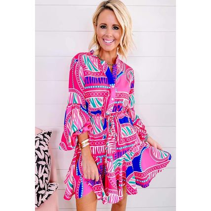Rose Boho Abstract Printed Puff Sleeve Drawstring Waist Ruffled Mini Dress