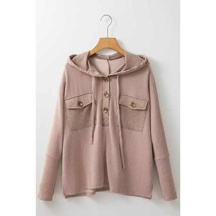 Dark Brown Flap Pocket Patchwork Corded Drawstring Hoodie