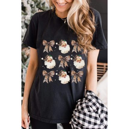 Black Santa Claus Leopard Bow Print Crew Neck Casual T Shirt