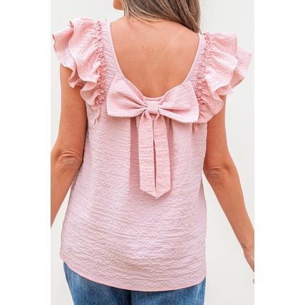 Gossamer Pink Textured Bow Knot Frilled Butterfly Sleeve Blouse