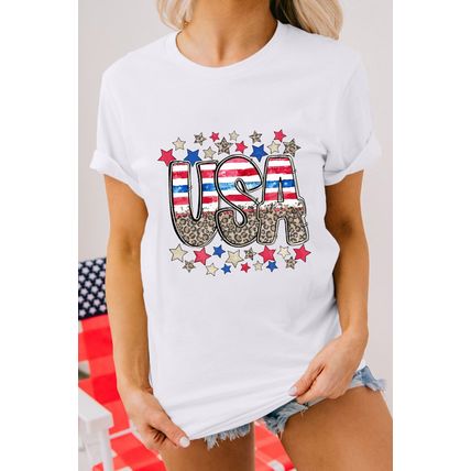 White Patriotic Star Leopard USA Letter Graphic T Shirt