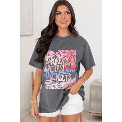 Gray FOREVER CHASING SUNSETS Graphic Summer T Shirt