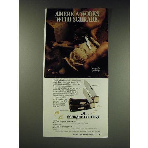 1987 Schrade Old Timer Bruin 50T and Bearhead 30T Knives Ad - America works