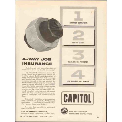 CAPITOL MFG COMPANY 1962 Four-way job insurance leak-proof vintage ad