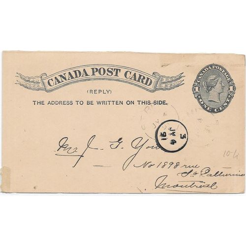 Canada ! #P8 Postal Card USED REPLY Portion 1891, St. Renu Quebec cancel