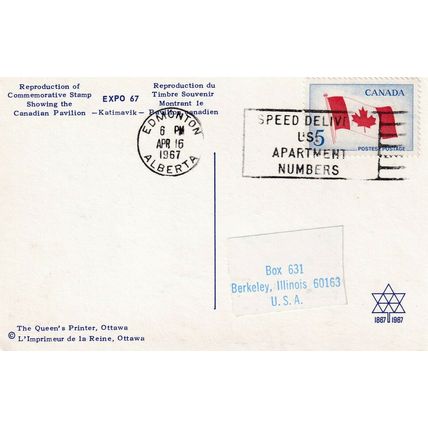 Canada 1967 EXPO 67 April 16th Postcard Edmonton Cancel VGC Flag