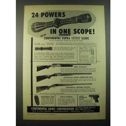 1953 Continental Arms Ad - Supra Scope, Breda Automatic, Continental Crown