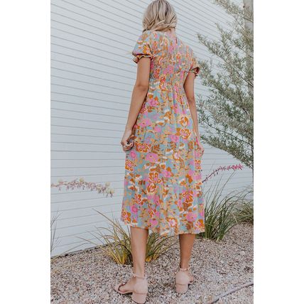 Sky Blue Floral Bubble Sleeve Smocked Flowy Ruffle Dress