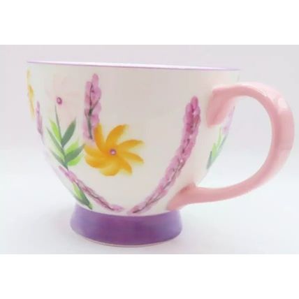 Floral Large Ceramic Cup with Pink Handle Fine China 9.5 CM Gift Tableware