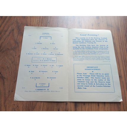 1959/60 Barking vs Caribbean XI - Floodlight Match RARE 7/10/1959 * FREE P&P *