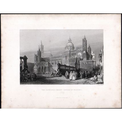 CATHEDRAL (MADRE CHIESA) AT PALERMO 1842 John Henry Le Keux ANTIQUE ENGRAVING