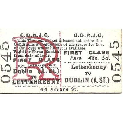 County Donegal Rlys Joint Committee Edmondson Ticket- Letterkenny to Dublin A St