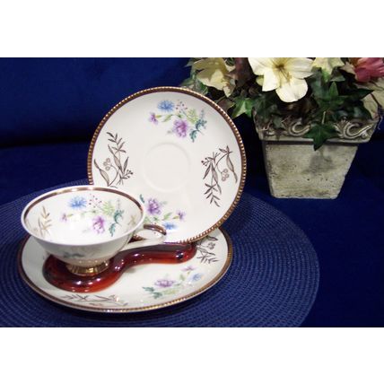 WW Bavaria 45 Teacup Saucer Plate Trio w/ Blue Purple Flowers Gold Hobnail Trim