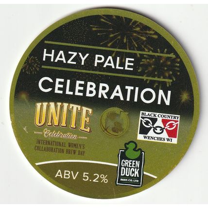 UNUSED KEG CLIP FRONT - GREEN DUCK BEER CO - CELEBRATION UNITE HAZY PALE