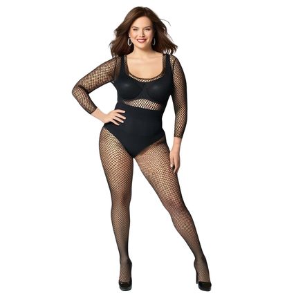 Plus Size Black Fishnet Bodystocking Long Sleeve Open Crotch Lingerie Bodysuit