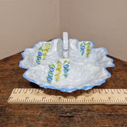 Vintage Blue Victoria Hand Painted Three Section Dish with Handle