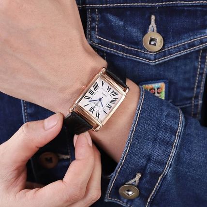 Gents Square Rectangle Tank Face Rose Gold Case Black Leather Strap Watch