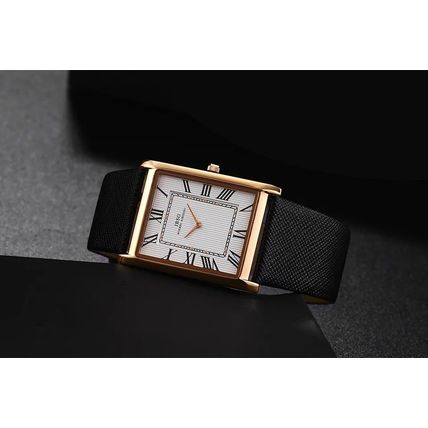 Gents White Square Ultra Thin Face Steel Back Black Genuine Leather Strap Watch