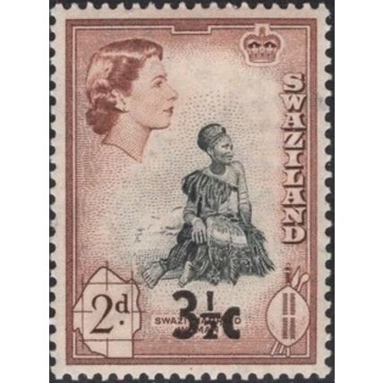 Swaziland QEII 1961 3½c on 2d Black & Brown Mounted Mint MM SG 70 Stamp woman