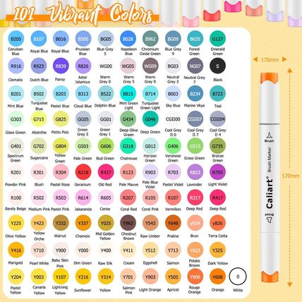 Caliart 101 Colors Brush & Chisel Alcohol Markers for Adult Coloring Book, Dual