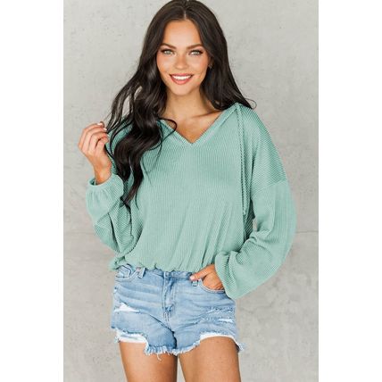 Green Loose Fit Ribbed V Neck Hoodie