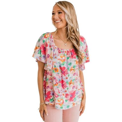 Multicolor Watercolor Floral Square Neck Ruffle Sleeve Blouse