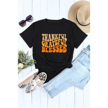 Black THANKFUL GRATEFUL BLESSED Crew Neck Graphic Tee