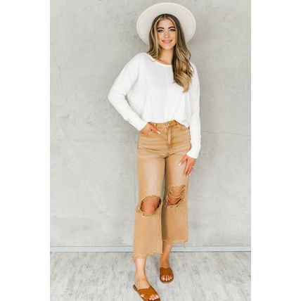 Brown Distressed Hollow-out High Waist Cropped Flare Jeans